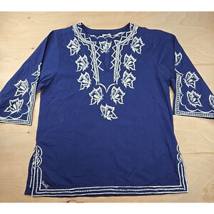 Macelli Embroidered Tunic Shirt Womens L Navy/White Boho Casual India Butterfly